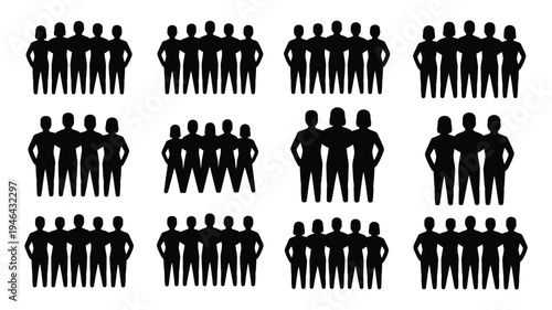Diverse group of people standing together in unity and friendship black silhouettes on white background symbolizing teamwork and togetherness in a minimalist style