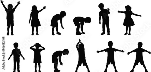 Silhouettes of children performing various stretching and yoga poses on a white background