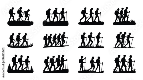 Set of outdoor friends hiking silhouette graphics for travel and adventure concepts