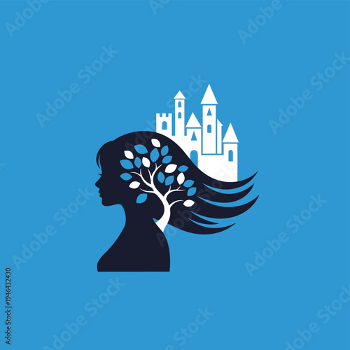 Dreaming Girl with Castle Silhouette and Tree Inside Head