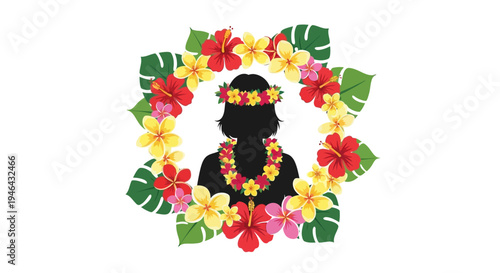 Woman Wearing Hawaiian Flower Garland Necklace.