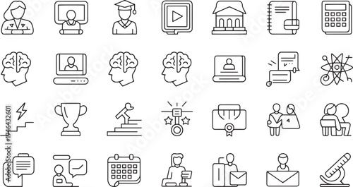 Collection of flat design vector icons representing education technology and daily activities