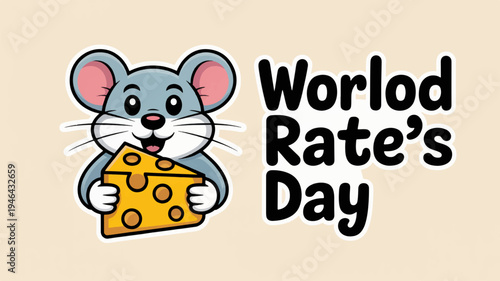 Cartoon mouse holding cheese on world rat's day with beige background