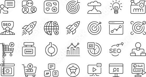Collection of flat design vector icons representing various business and technology concepts