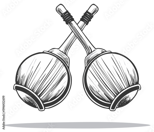Maracas cross sketch, Latin percussion instruments illustration, musical traditional noise makers, design element