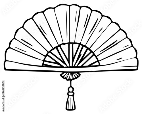 Traditional Open Asian Folding Fan with Tassel and Intricate Ribbing Detail