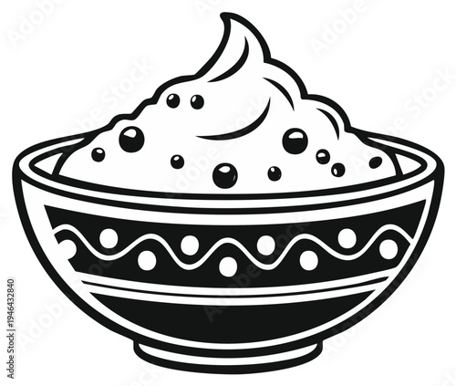 Bowl of Dessert Creamy Filling Monochrome Drawing with Ornate Design Simple Graphic