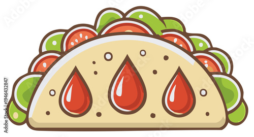 Iconic Taco Featuring Fresh Lettuce and Tomato Slices With Red Sauce in a Cartoon Style