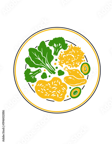Healthy food plate, balanced diet, chicken, rice, broccoli, spinach, avocado, nutrition, clean eating, meal prep, flat design, icon