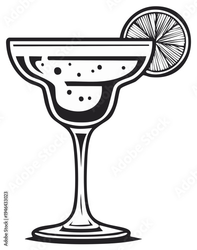 Black and white vector illustration of margarita cocktail with lime slice