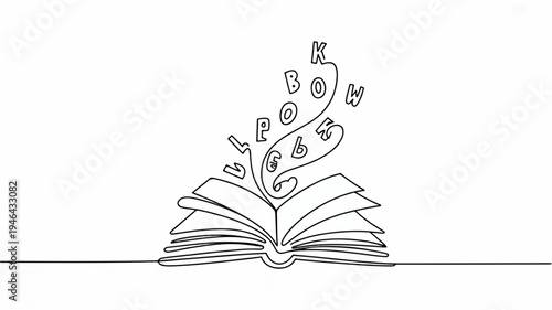 Open book with words and letters emerging from pages in a creative inspirational concept