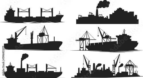 Six black silhouette of cargo ships and industrial port scenes with cranes and buildings