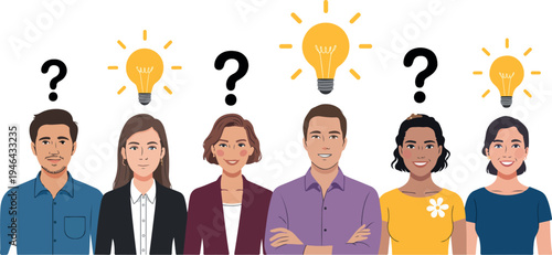 Set of thoughtful people cartoon men and women thinking planning pondering with question marks and light bulbs isolated vector illustration