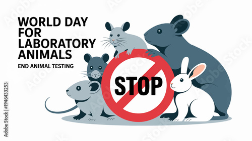 Laboratory animals protest against testing with stop sign and mice rat hamster rabbit