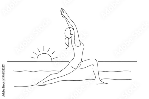 Yoga at Sunrise. "Sunrise Pose". Minimalistic one-line drawing woman practicing yoga on beach at sunrise,