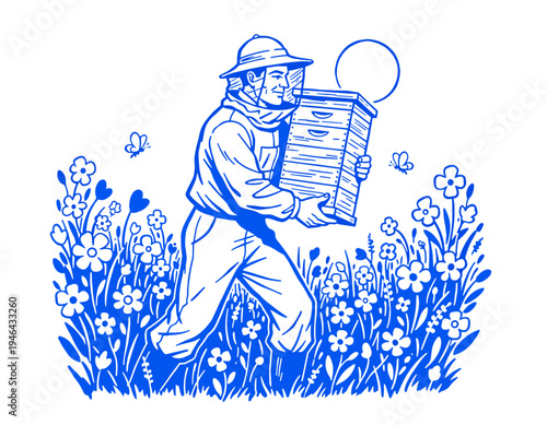 Beekeeper, beehive, honey, apiculture, flowers, butterflies, nature, organic, retro, blue, vintage, farmer, agriculture, spring, summer, harvest