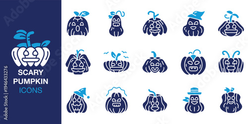 Scary Pumpkin icon set. Containing pumpkin, scary, halloween, spooky, horror and more. Solid vector icons collection. Vector illustration.