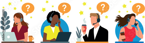 Set of two vector illustrations customer care service man and woman wearing headset talking to client isolated call center illustration