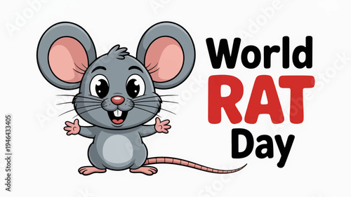 Cartoon rat celebrates world rat day with cheerful expression and outstretched arms on white background