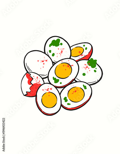 Boiled eggs, hard-boiled, egg halves, cracked egg, breakfast, food illustration, protein, healthy snack, cooking, recipe, brunch, graphic, cartoon, vibrant, colorful