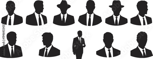 Ten black silhouette figures of men in suits with some wearing hats and one standing with arms crossed