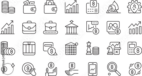 Collection of hand drawn financial and business icons isolated on transparent background