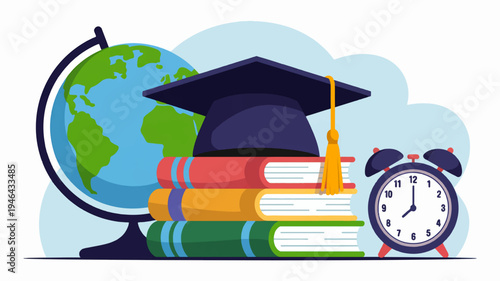 Graduation cap on stack of colorful books with globe and alarm clock education background