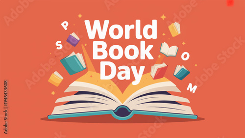 World book day celebration with open book and floating symbols on orange background