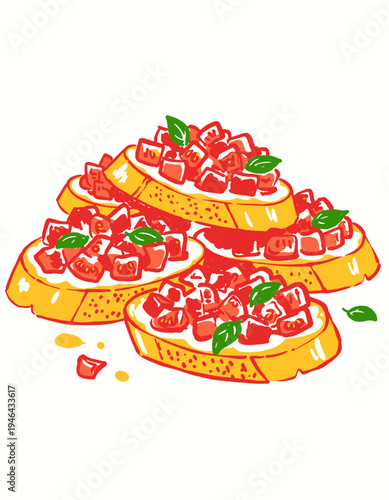 Bruschetta illustration, Italian food, appetizer, tomato basil toast, fresh healthy snack, gourmet cuisine, hand drawn vector graphic, delicious starter