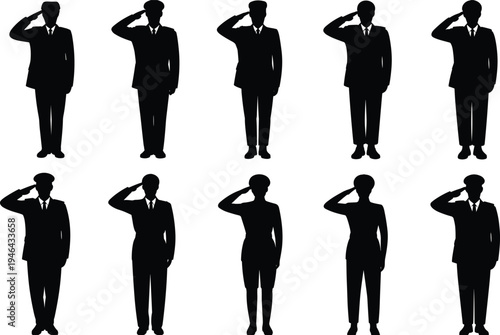 Ten black silhouettes of people in suits saluting with their right hand white