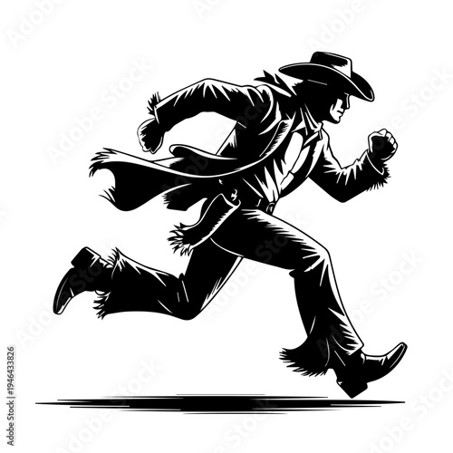 Cowboy in Action Running Across Dusty Frontier With Determination and Wild West Energy Vector