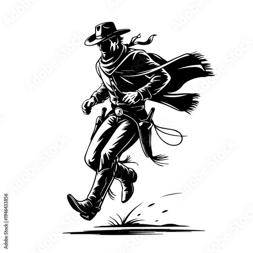 Cowboy in Action Running Across Dusty Frontier With Determination and Wild West Energy Vector