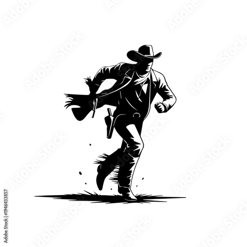 Cowboy in Action Running Across Dusty Frontier With Determination and Wild West Energy Vector