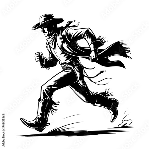Cowboy in Action Running Across Dusty Frontier With Determination and Wild West Energy Vector