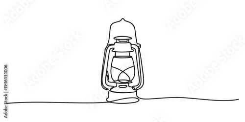 Abstract vintage kerosene lamp or lantern continuous one line art vector illustration, Single continuous line drawing vintage camping lantern on white background.