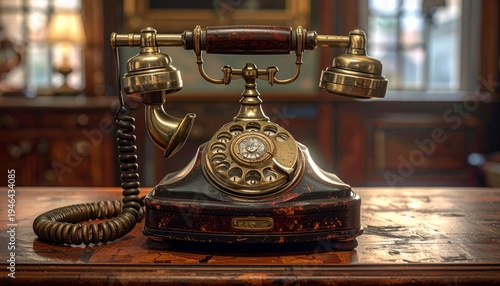 An old black rotary dial telephone sits against a dark background