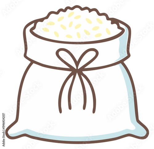 Cute cartoon bag of white rice tied with a brown string bow and filled to the brim