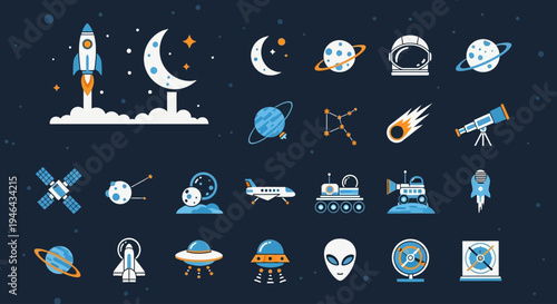 Space icons with planets and rockets.
