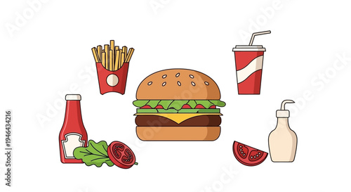 Hamburger with condiments and sides.