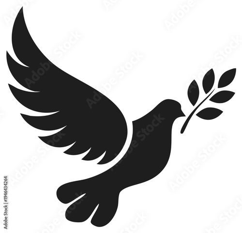 Black silhouette of a flying dove holding an olive branch a symbol of peace and hope