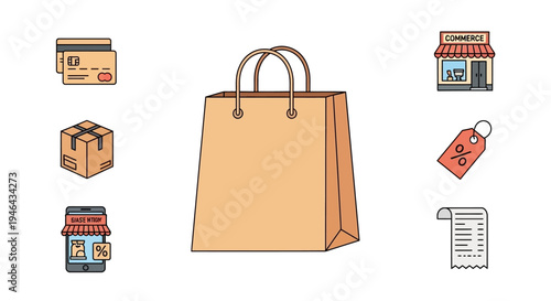 Shopping bag with purchase icons around.