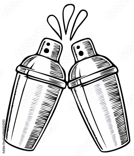 Two cocktail shakers clinking with liquid splash illustration