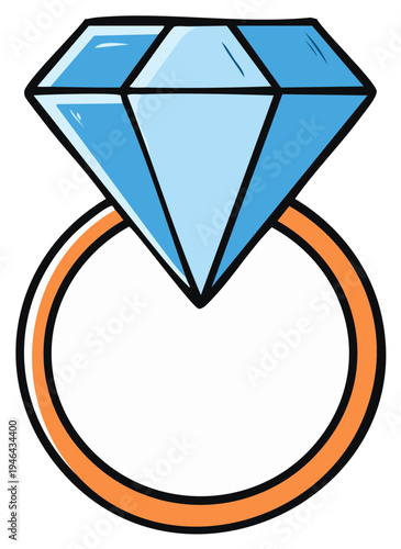 Cartoon diamond engagement ring with blue gemstone, gold band, and outline style.