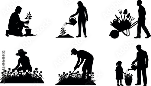 Gardening silhouettes collection featuring planting seedlings, watering plants, pushing wheelbarrow with tools and caring flower beds, outdoor landscaping activity illustration isolated on light 