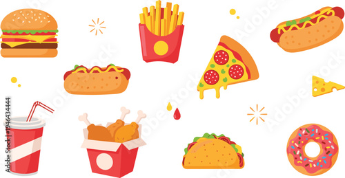 Fast food collection set with burger fries hot dog pizza donut taco fried chicken and soda drink flat vector illustration