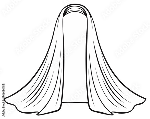 Veil Illustration, Flowing Drapery, Fabric Drape, Black and White Outlines