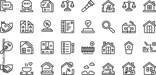 Collection of hand drawn real estate and financial icons isolated on transparent background