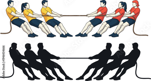 Tug of war teams pulling rope in competition, teamwork sport activity illustration with colored and silhouette groups isolated on light background for fitness design