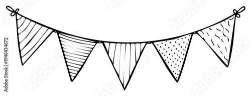 Hand drawn festive triangular bunting flags with simple line patterns and polka dots strung together with cord for celebration