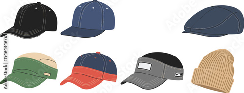 Collection of baseball caps visor cap flat cap and beanie casual headwear fashion accessories set modern flat vector illustration